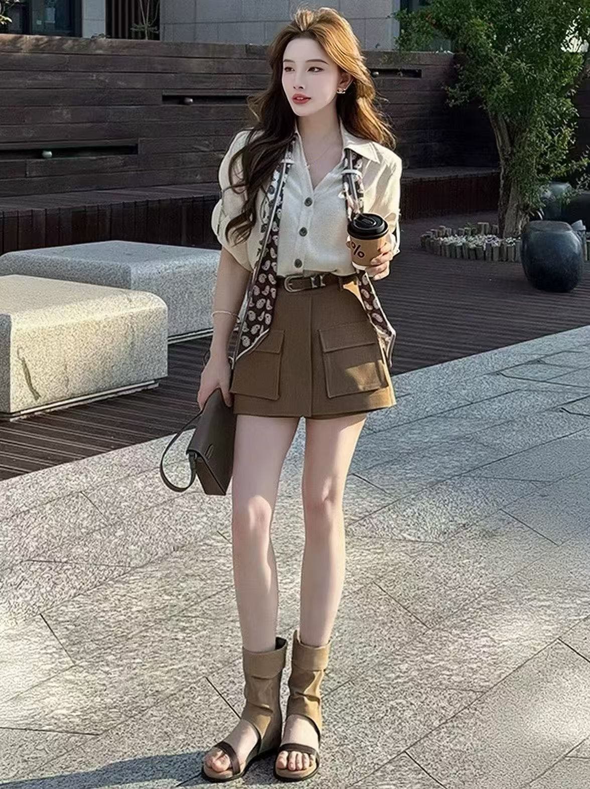 새로운 빛 럭셔리 오래된 돈 바람 고유 한 폴로 칼라 셔츠 하이웨이스트 워크웨어 반바지 스카프 벨트 4 세트 상세 이미지 1
