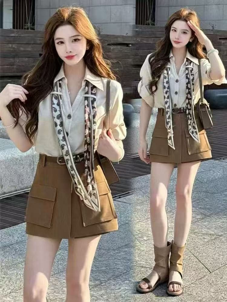 새로운 빛 럭셔리 오래된 돈 바람 고유 한 폴로 칼라 셔츠 하이웨이스트 워크웨어 반바지 스카프 벨트 4 세트 상세 이미지 4