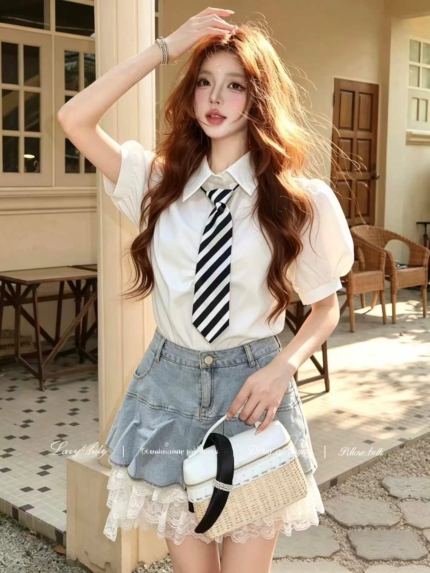 레이스 조각 2026 년 여름 새로운 핫걸 순수한 욕망 바람 데님 스커트 케이크 미니 스커트 셔츠 세트 이미지 4