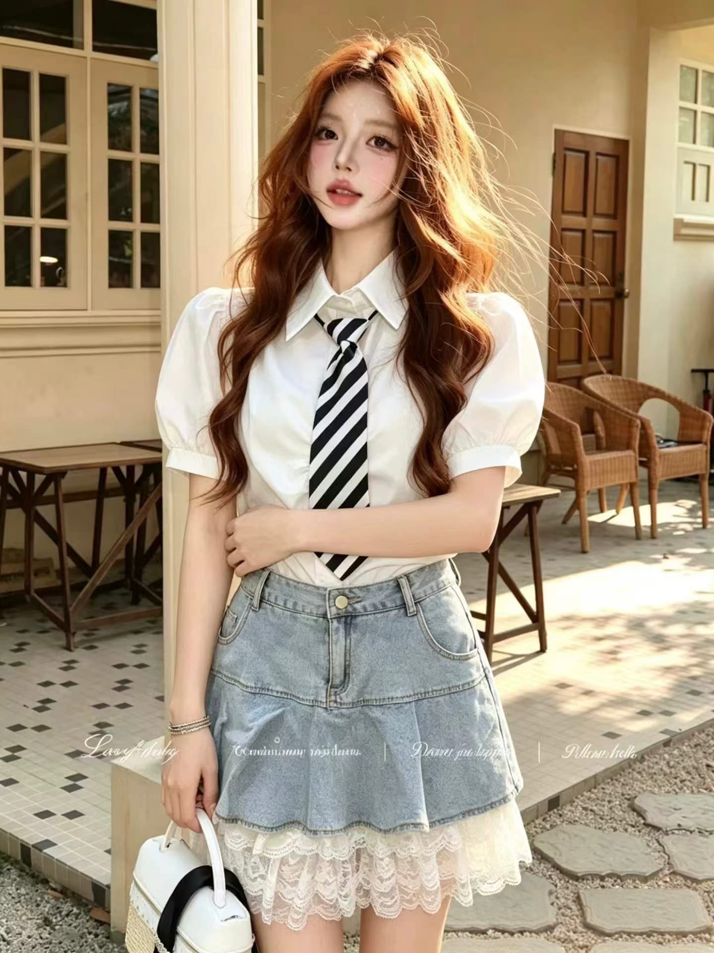 레이스 조각 2026 년 여름 새로운 핫걸 순수한 욕망 바람 데님 스커트 케이크 미니 스커트 셔츠 세트 상세 이미지 1