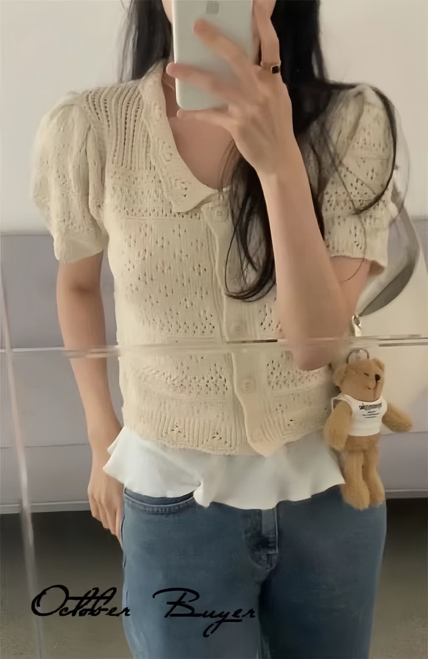 한국 chic 패션 홀로우 아웃 귀여운 작은 레이스 베이비 칼라 반팔 니트 스웨터 여성 프랑스식 품격 우아함 맨위 상세 이미지 6