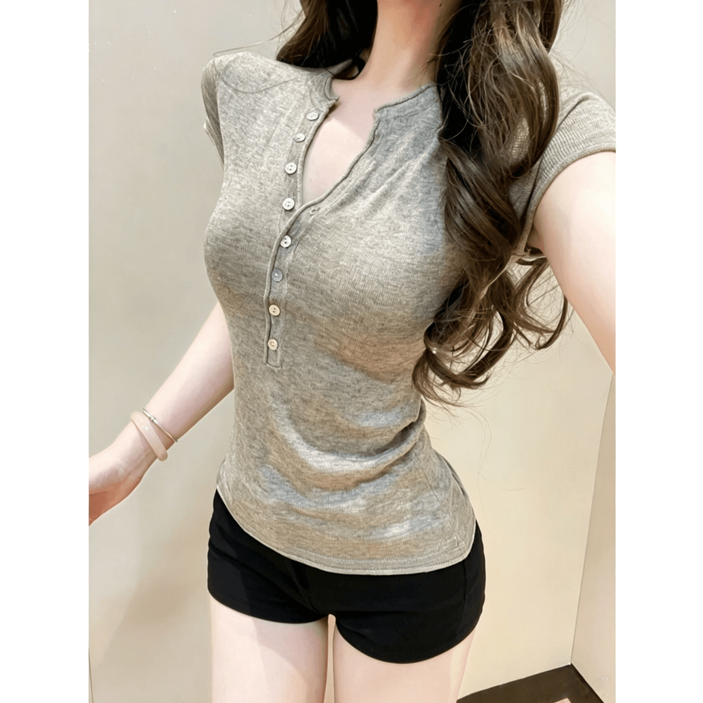 자이언트 잘 생긴 ~ 중 헨리 칼라 니트 반팔 티셔츠 여성 여름 새로운 품격 미니멀리즘 다용도 몸매 가꾸기 슬림해 보이는 맨위 이미지 3