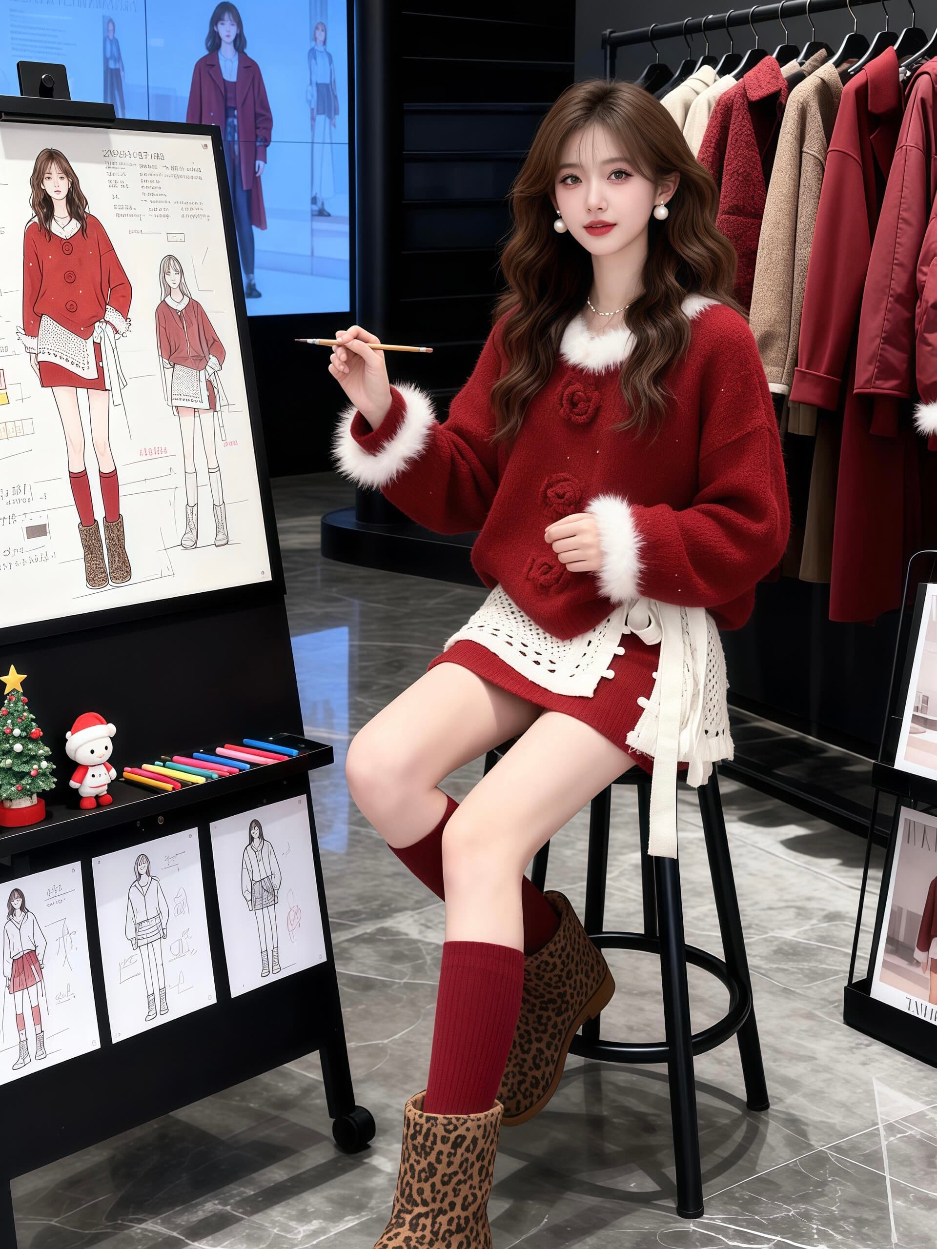 크리스마스 분위기 센스 착용 가져 가라. 디자인 센스 패치워크 플리스 빨간색 스웨터 슬림해 보이는 한 부서 하이웨이스트 미니 스커트 투피스 슈트