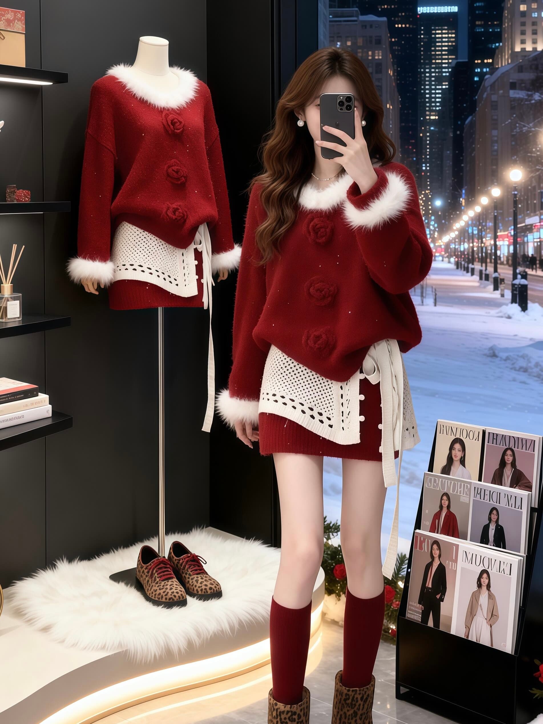 크리스마스 분위기 센스 착용 가져 가라. 디자인 센스 패치워크 플리스 빨간색 스웨터 슬림해 보이는 한 부서 하이웨이스트 미니 스커트 투피스 슈트 상세 이미지 3
