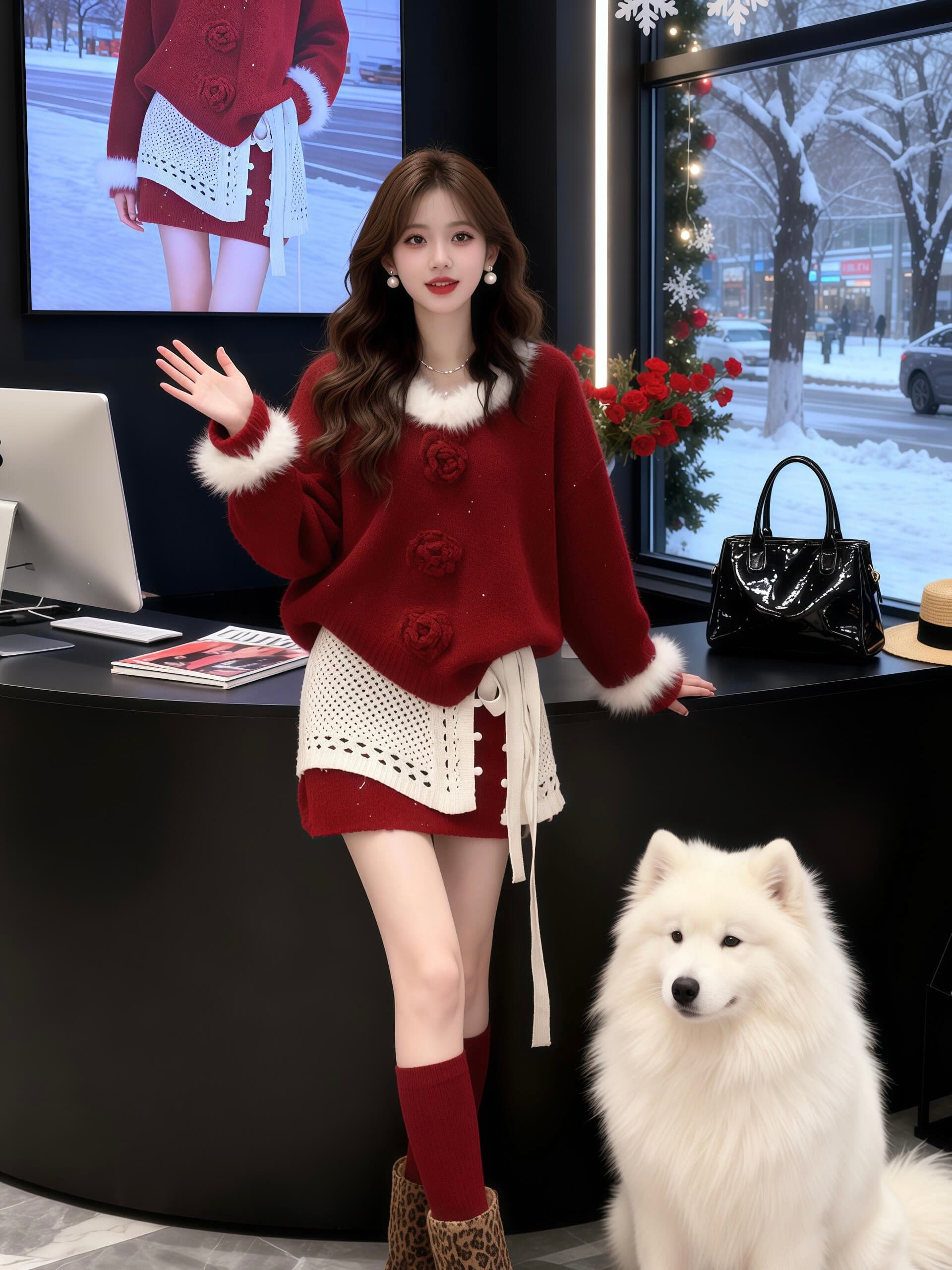 크리스마스 분위기 센스 착용 가져 가라. 디자인 센스 패치워크 플리스 빨간색 스웨터 슬림해 보이는 한 부서 하이웨이스트 미니 스커트 투피스 슈트 상세 이미지 5