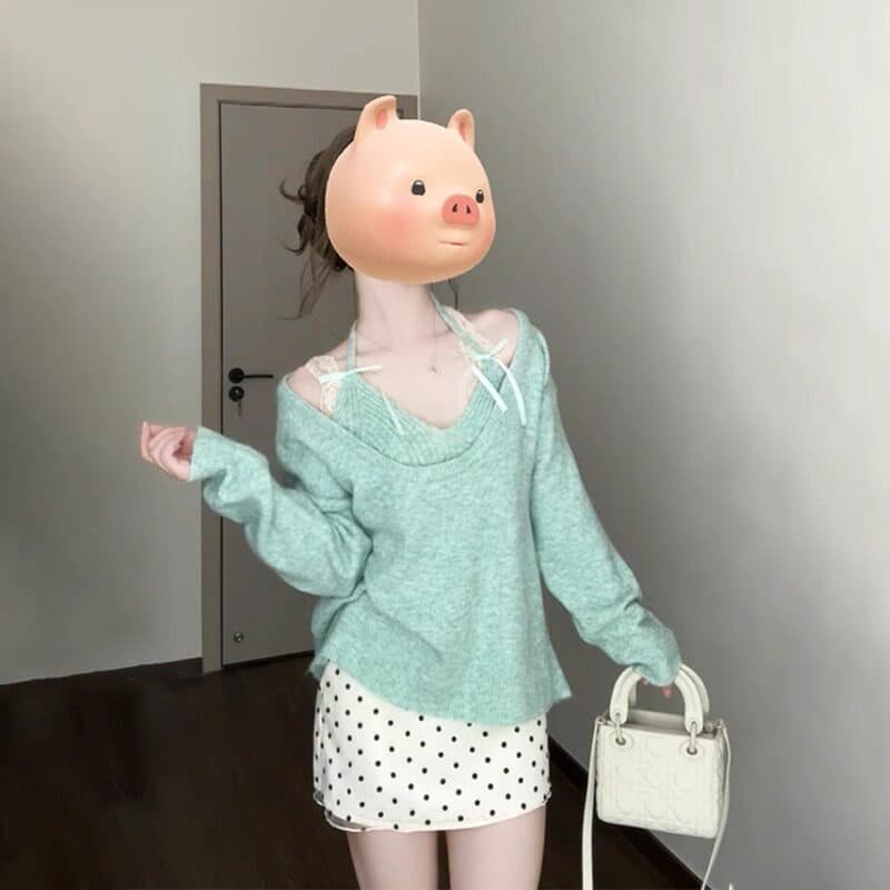 녹색 행침 목 스웨터 여자 2026 새로운 폭발 가을 겨울철 착용 가져 가라. 프랑스식 니트 스웨터 맨위 세트 디자인 센스 이미지 2