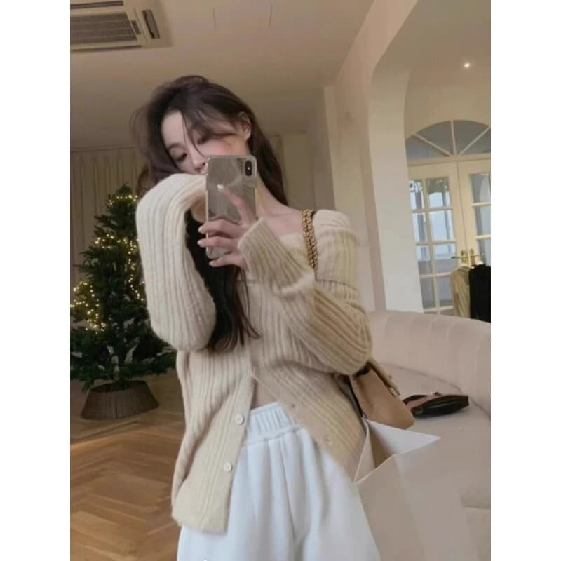 비스듬한 어깨 오프숄더 니트 오픈 가디건 여성 재킷 가을 겨울 새로운 오프숄더 맨위 몸매 가꾸기 슬림해 보이는 품격 다용도 스웨터 상세 이미지 3