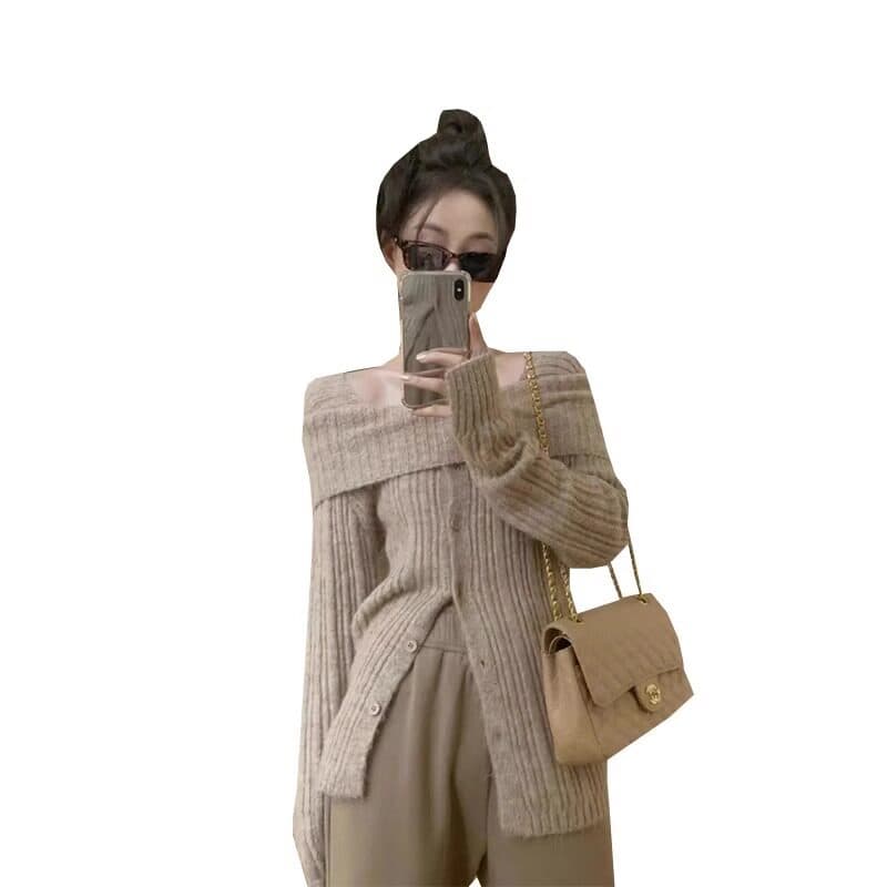 비스듬한 어깨 오프숄더 니트 오픈 가디건 여성 재킷 가을 겨울 새로운 오프숄더 맨위 몸매 가꾸기 슬림해 보이는 품격 다용도 스웨터 상세 이미지 4