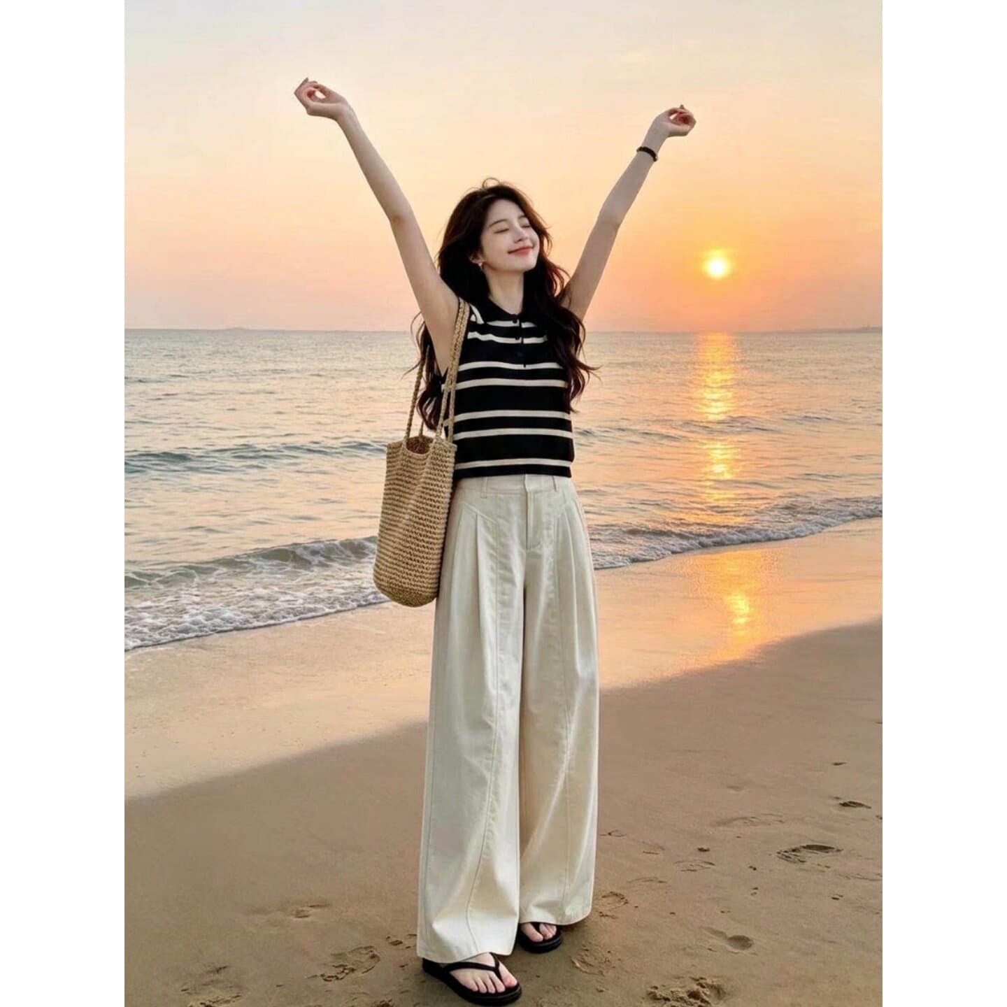 오래된 돈 바람 스트라이프 POLO 칼라 니트 캐미솔 여름 품격 슬림해 보이는 빛 사람들 폴로 칼라 민소매 작은 맨위 이미지 2