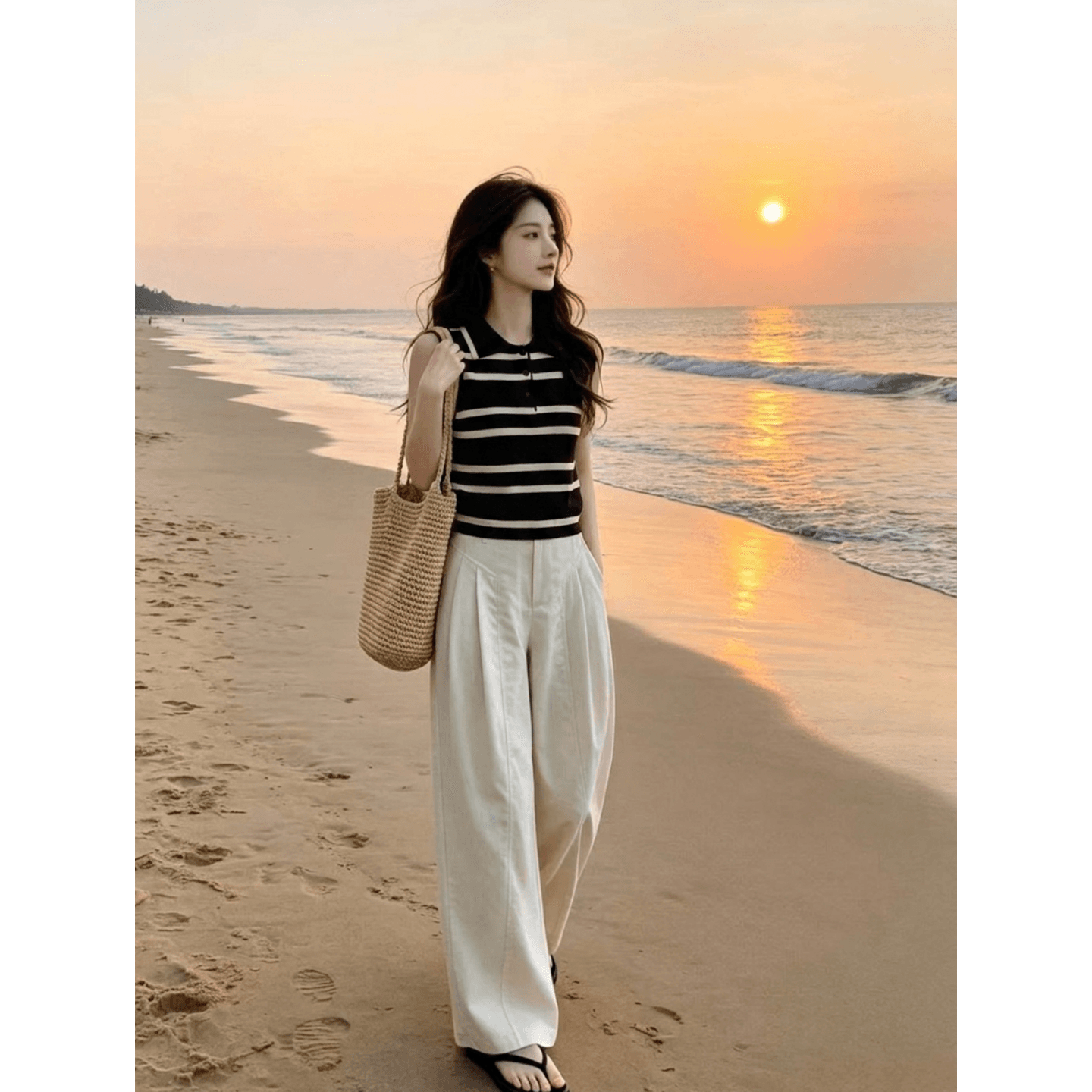 오래된 돈 바람 스트라이프 POLO 칼라 니트 캐미솔 여름 품격 슬림해 보이는 빛 사람들 폴로 칼라 민소매 작은 맨위 상세 이미지 2