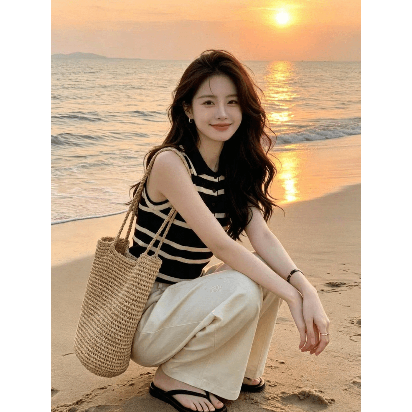 오래된 돈 바람 스트라이프 POLO 칼라 니트 캐미솔 여름 품격 슬림해 보이는 빛 사람들 폴로 칼라 민소매 작은 맨위 상세 이미지 3
