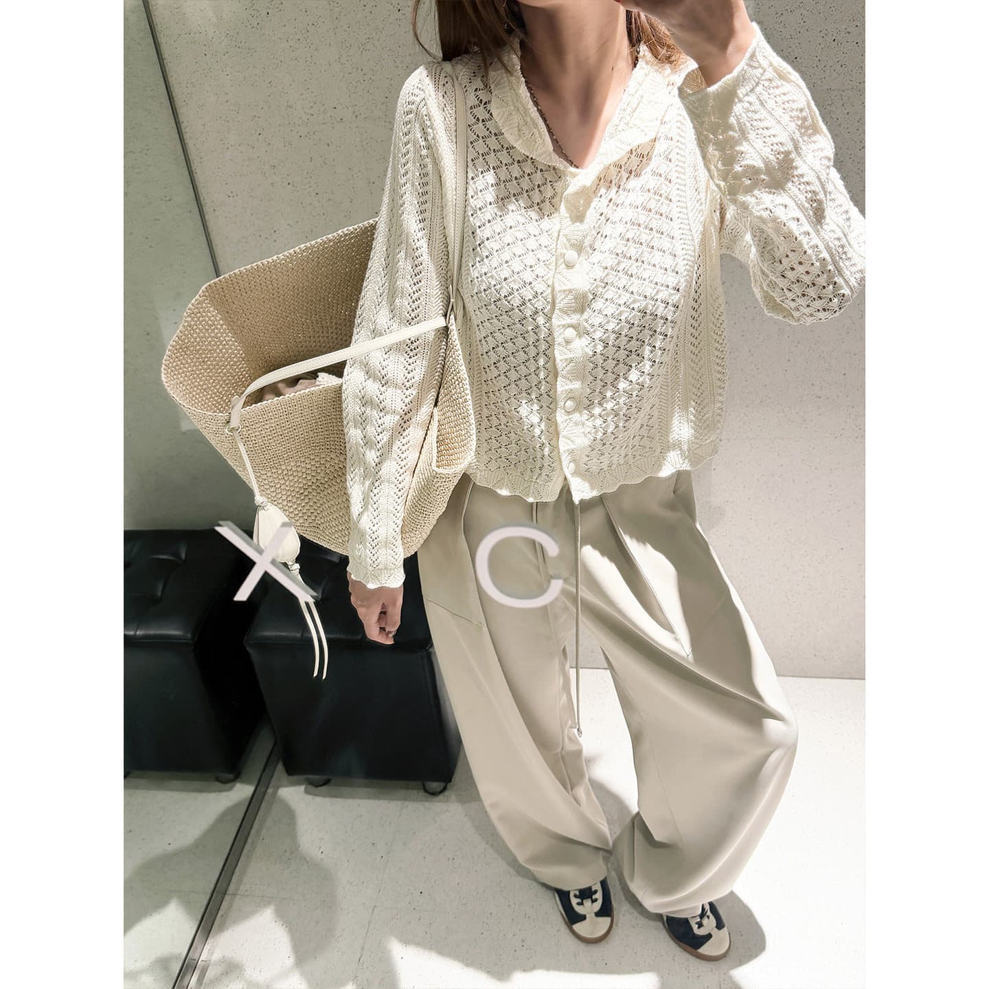 당나라 길다 일본식 무거운 작업 수공 크로 셰 뜨개질 레이스 폴로 칼라 홀로우 아웃 긴팔 오픈 가디건 여성 뜨개질 얇은 맨위 상세 이미지 3