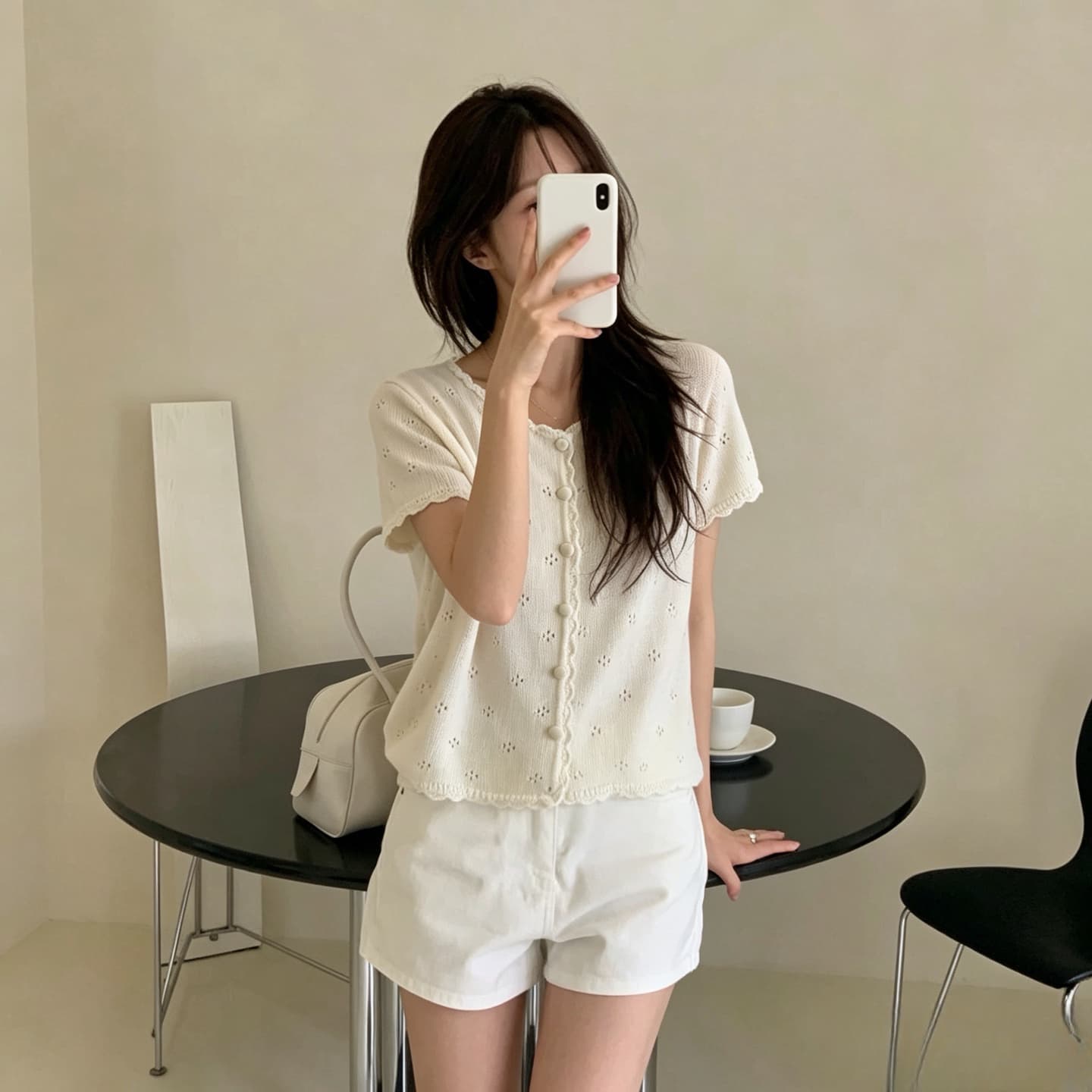 프랑스식 화이트 홀로우 아웃 자수 반팔 니트 오픈 가디건 여성 여름 몸매 가꾸기 품격 맨위 상세 이미지 4