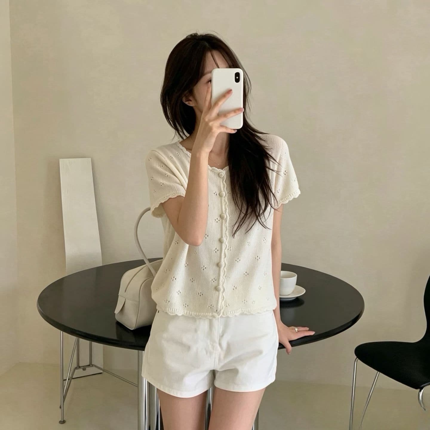 프랑스식 화이트 홀로우 아웃 자수 반팔 니트 오픈 가디건 여성 여름 몸매 가꾸기 품격 맨위 상세 이미지 6