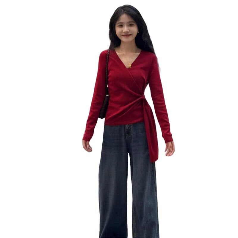 앤 코라 빨간색 가을 겨울 한 부서 부드러운 착용 가져 가라. 디자인 센스 2026 새로운 고급 센스 긴팔 여성 chic 맨위 상세 이미지 4