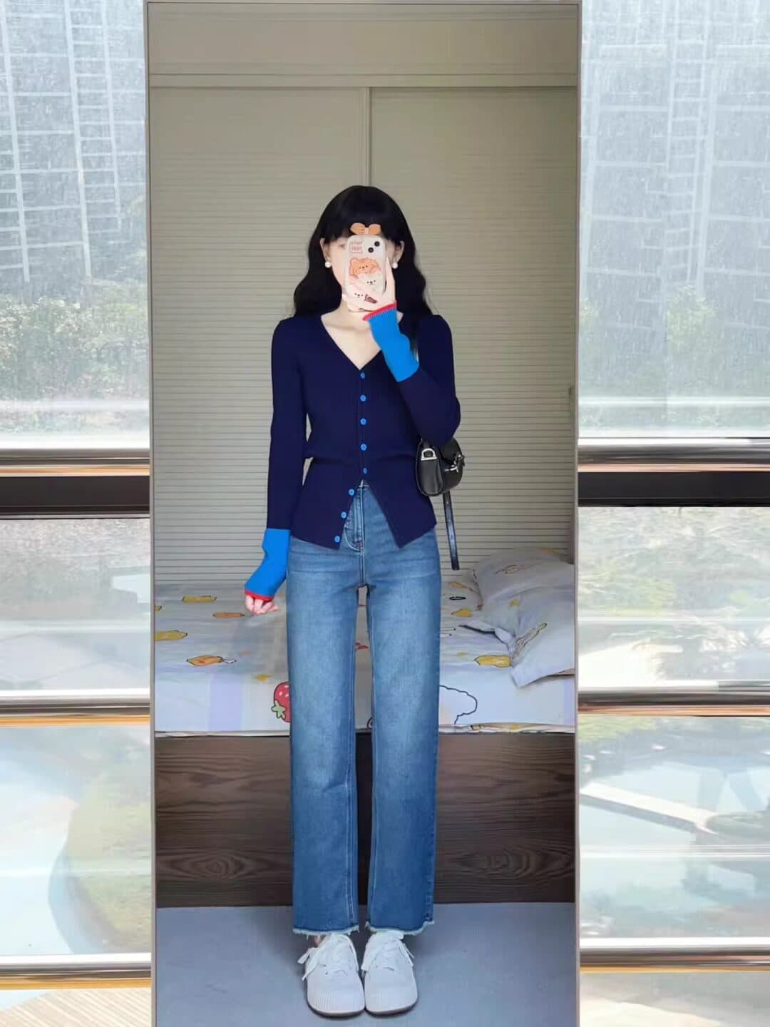 파란색 V넥 배색 패치워크 긴팔 니트 오픈 가디건 여성 코트 이른 가을 쇼트 스타일 몸매 가꾸기 인사이드 가져 가라. 기본 셔츠 맨위 상세 이미지 1