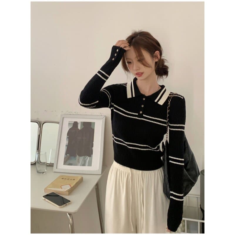 POLO 칼라 니트 스웨터 여성 새로운 가을 겨울 인사이드 잡아라. 의류 학원 스타일 아름다움 라드. 배색 스트라이프 쇼트 스타일 기본 셔츠 상세 이미지 2