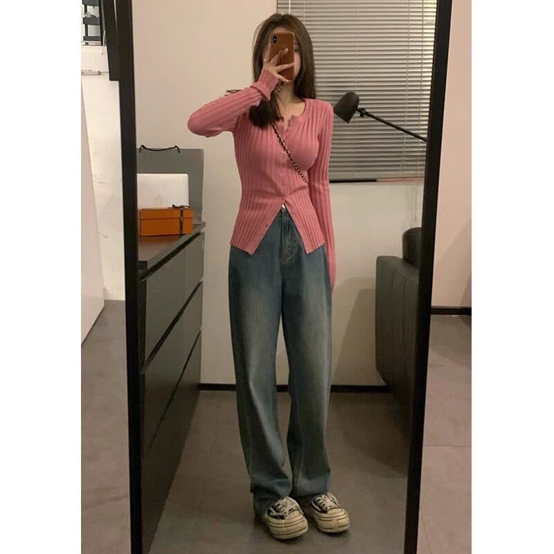 순수한 욕망 바람 핑크색 V넥 니트 오픈 가디건 여성 가을 겨울 2026 년 새로운 몸매 가꾸기 인사이드 가져 가라. 기본 셔츠 긴팔 맨위 상세 이미지 4