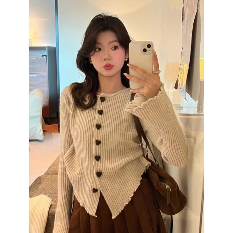 디자인 센스 하트 버클 스웨터 오픈 가디건 여성 가을 겨울 오픈 가디건 품격 부드러운 루즈핏 불규칙 긴팔 니트 맨위 상세 이미지 2