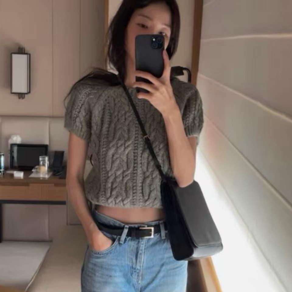 있음 선적 한국 ins 분위기 센스 스택 착용 레트로 마 무늬 라운드 넥 반팔 니트 스웨터 이미지 3