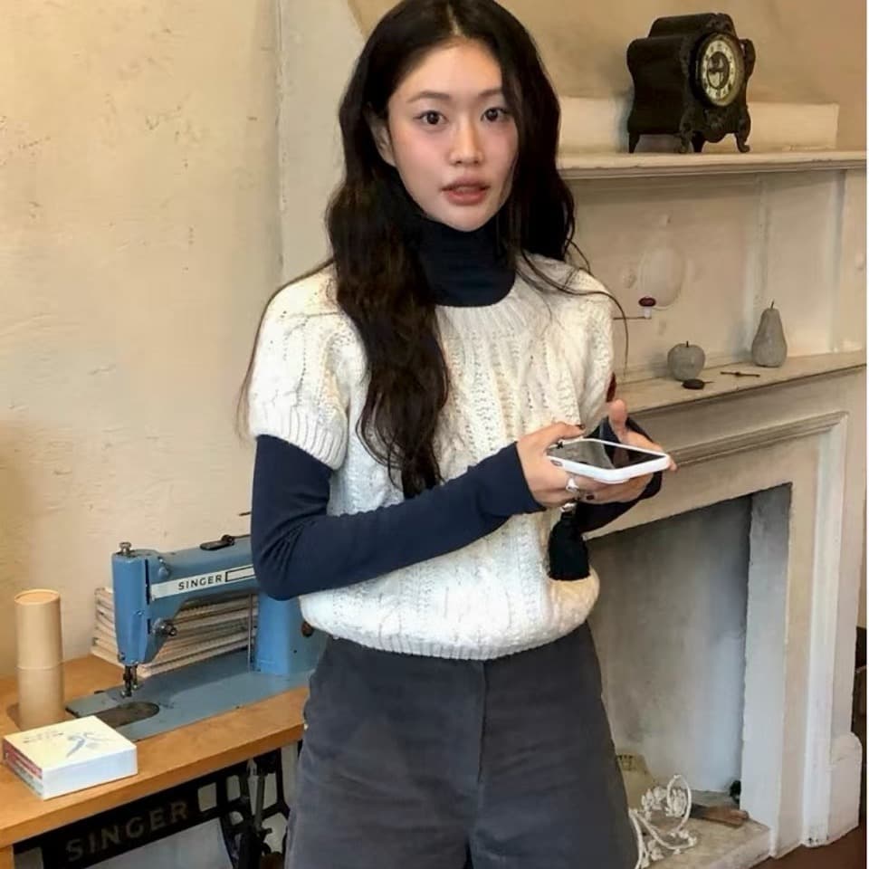 있음 선적 한국 ins 분위기 센스 스택 착용 레트로 마 무늬 라운드 넥 반팔 니트 스웨터 상세 이미지 2