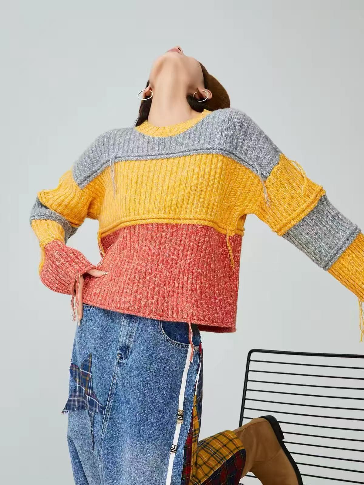 가을 겨울 플러스 두껍고 부드러운 찹쌀 쇼트 스타일 작은 대중 스웨터 대나무 마디 술 라운드 넥 도파민 배색 구덩이 스트라이프 니트 스웨터 여성 이미지 3