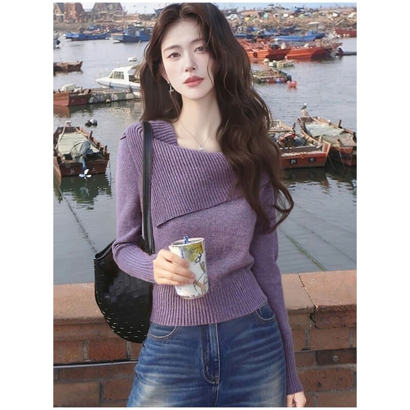 한 부서 향기로운 芋 보라색 오프숄더 폴로 칼라 긴팔 니트 스웨터 여성 봄 품격 스웨터 인사이드 가져 가라. 만나는 쇼트 스타일 맨위 이미지 2