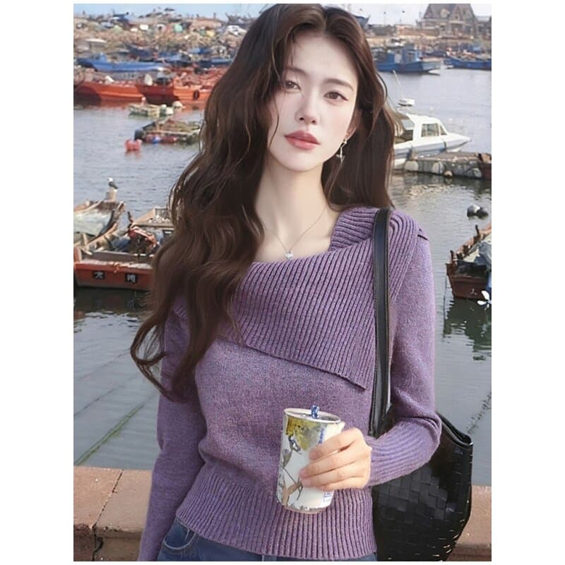 한 부서 향기로운 芋 보라색 오프숄더 폴로 칼라 긴팔 니트 스웨터 여성 봄 품격 스웨터 인사이드 가져 가라. 만나는 쇼트 스타일 맨위 이미지 3