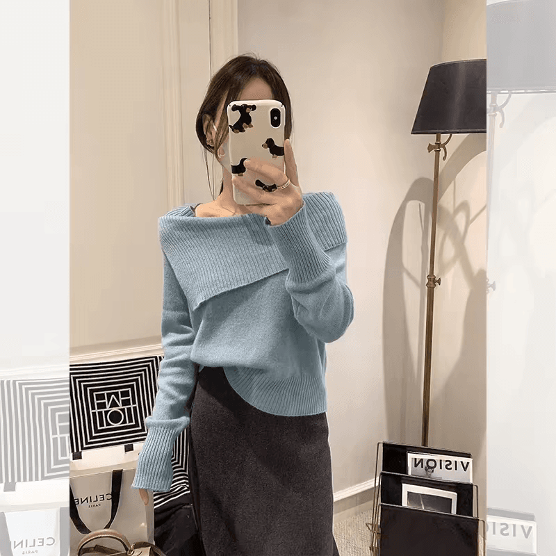 한 부서 향기로운 芋 보라색 오프숄더 폴로 칼라 긴팔 니트 스웨터 여성 봄 품격 스웨터 인사이드 가져 가라. 만나는 쇼트 스타일 맨위 상세 이미지 5