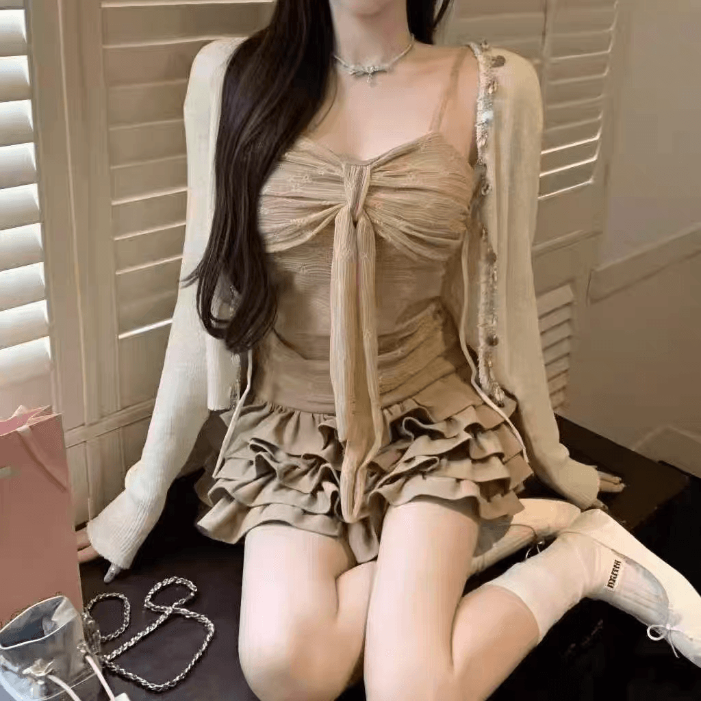 부드러운 찹쌀 달콤함 나비 매듭 튜브탑 슬립 열린 봄 새로운 니트 오픈 가디건 레이스 조각 퍼프 케이크 치마 세트 이미지 3