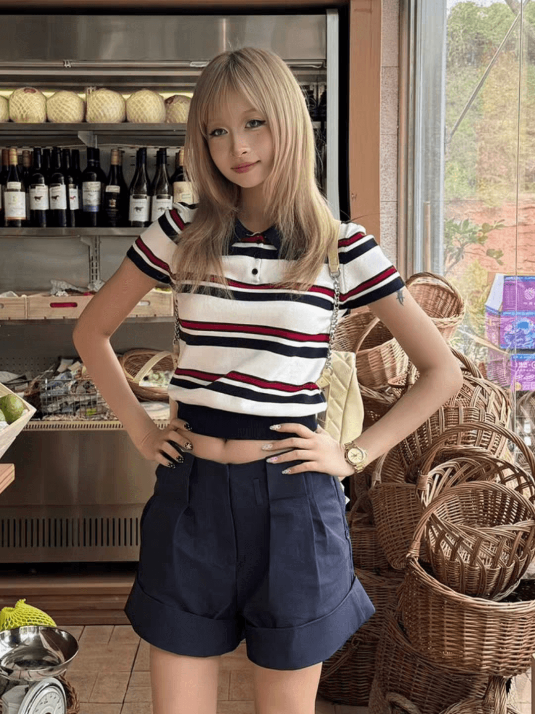 한 부서 레트로 miu 부서 반팔 POLO 셔츠 여성 여름 배색 스트라이프 캐주얼 니트 긍정적 인 어깨 티셔츠 몸매 가꾸기 맨위 상세 이미지 5