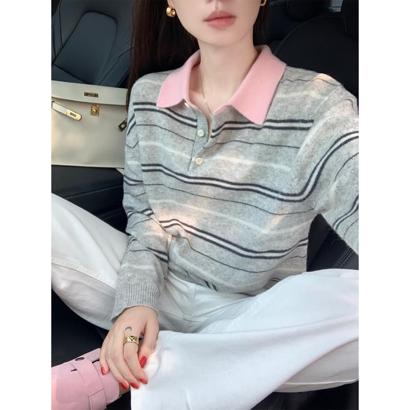 한 부서 배색 POLO 칼라 스트라이프 니트 기본 셔츠 여성 가을 겨울 인사이드 가져 가라. 작은 키 튀김 거리 고유 한 아름다운 맨위 상세 이미지 6