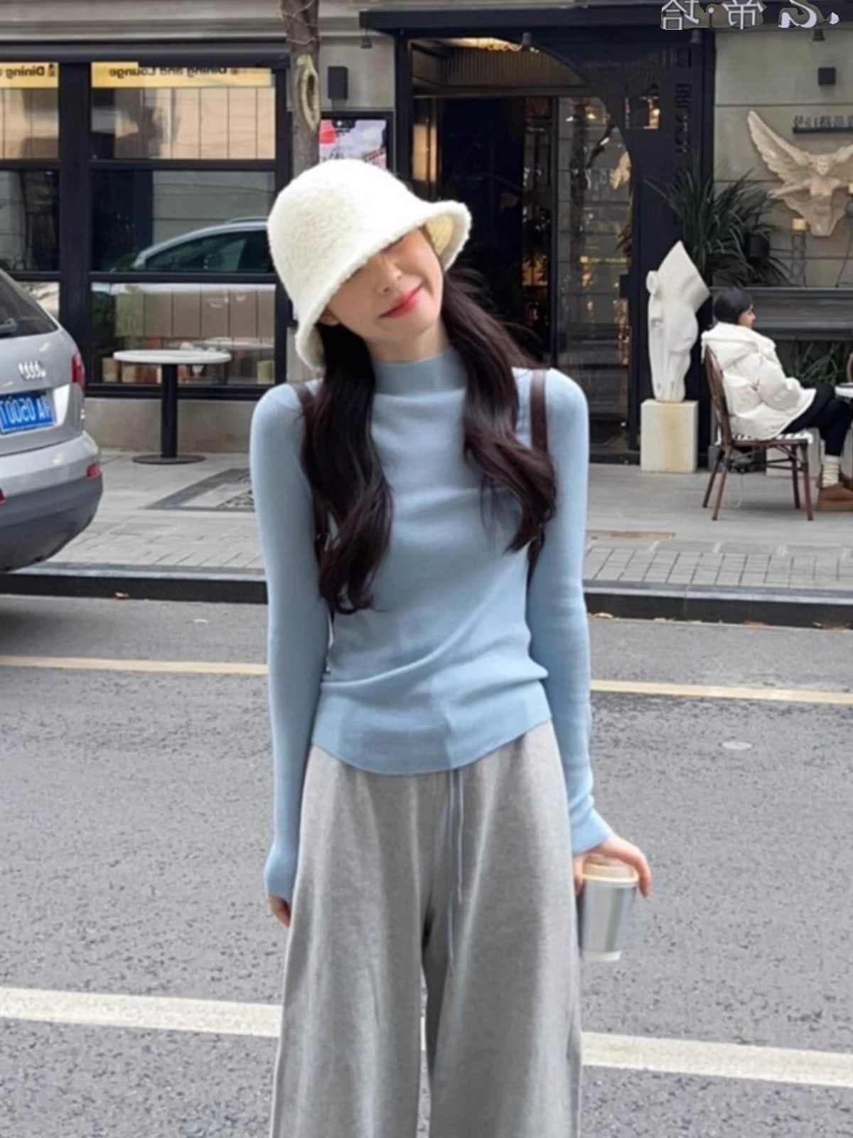 파란색 긴팔 인사이드 가져 가라. 반하이넥 기본 셔츠 여성 가을 겨울 기초 섹션 니트 스웨터 슬림해 보이는 몸매 가꾸기 외국 가스 맨위 트렌디 이미지 2