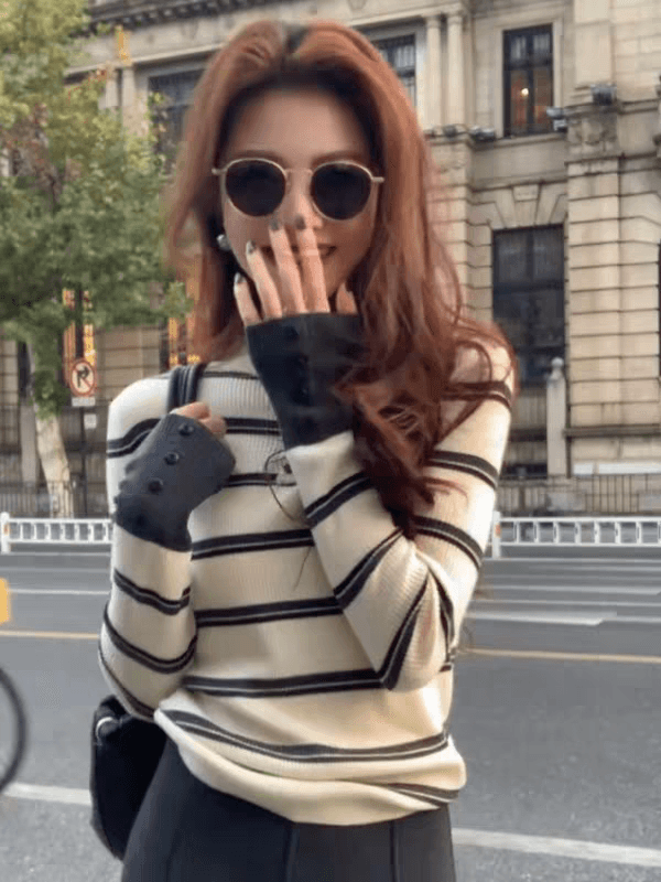 한 부서 chic 스트라이프 반하이넥 니트 기본 셔츠 여성 가을 겨울 몸매 가꾸기 슬림해 보이는 인사이드 가져 가라. 작은 대중 아니요 명중 섹션 맨위 이미지 2