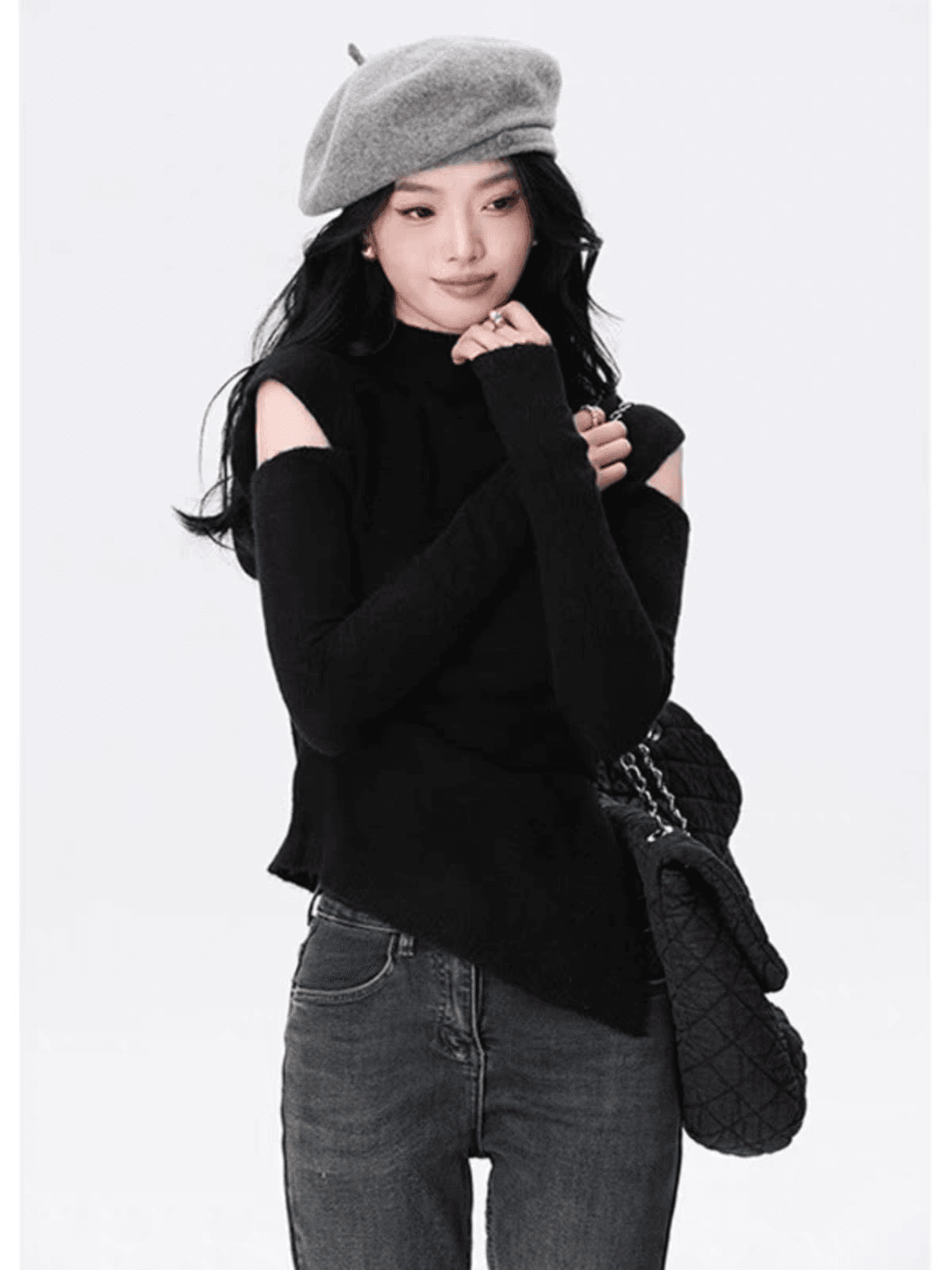 반하이넥 스웨터 여자 모피 인사이드 가져 가라. 가을 겨울 니트 스웨터 오프숄더 기본 셔츠 불규칙 외출용 디자인 센스 맨위 상세 이미지 8