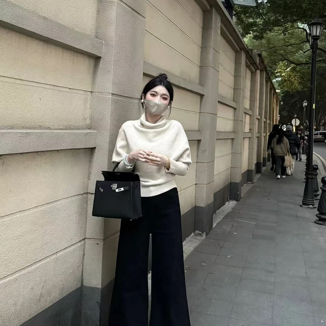 반하이넥 스웨터 여자 모피 인사이드 가져 가라. 가을 겨울 니트 스웨터 오프숄더 기본 셔츠 불규칙 외출용 디자인 센스 맨위 이미지 2