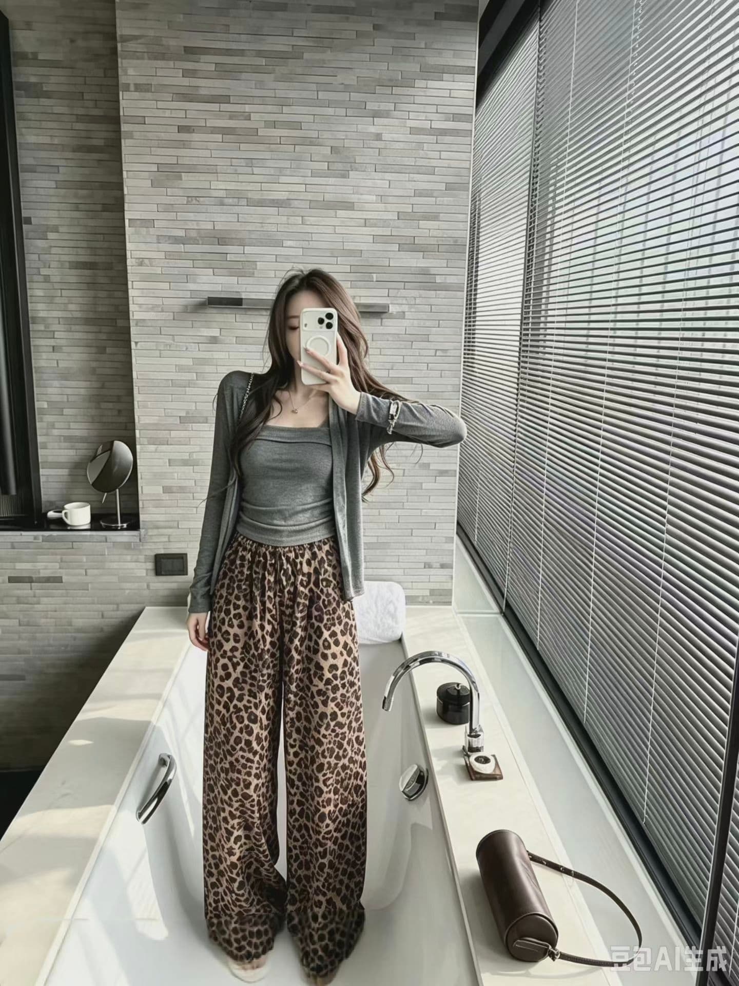 프랑스식 레트로 레오파드 무늬 하이웨이스트 슬림해 보이는 도루 센스 넓은 다리 캐주얼 긴 바지 여성 가을 바지 다용도 품격 3종 세트 상세 이미지 5