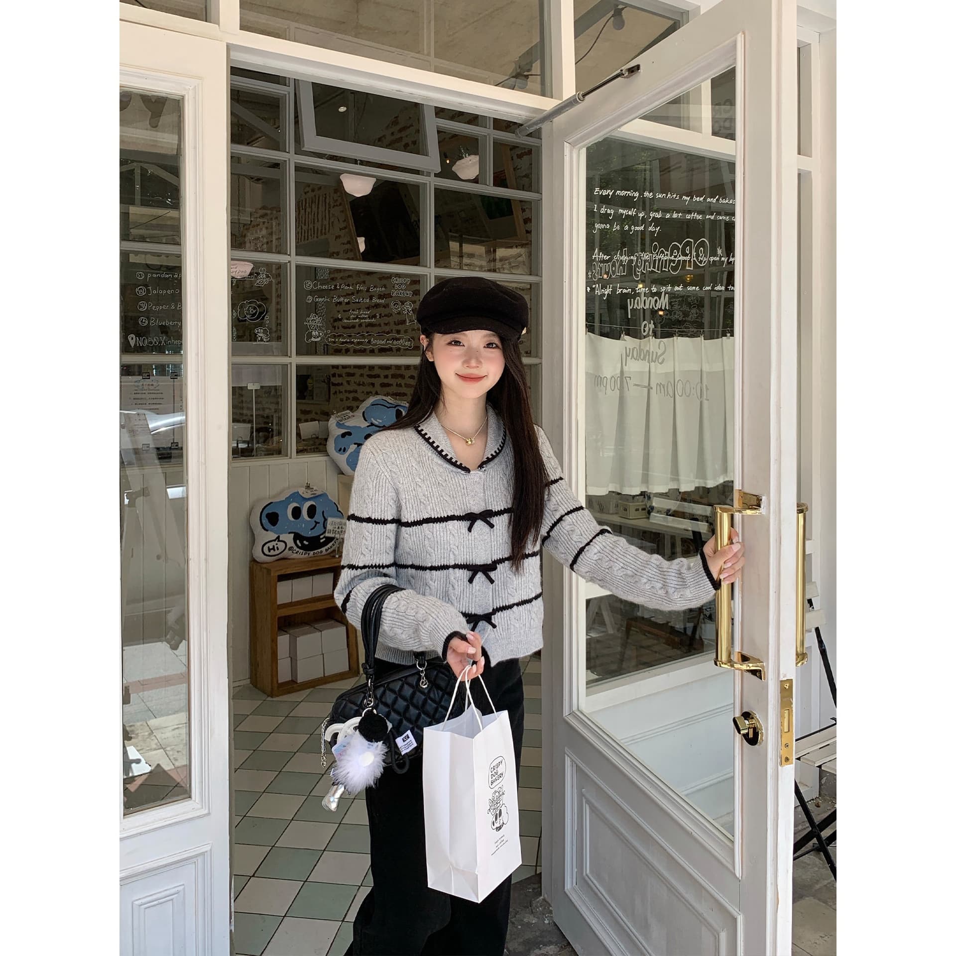 가을 겨울 작은 키 가을 겨울 새로운 회색 맨위 여성 디자인 센스 나비 매듭 달콤함 패치워크 오픈 가디건 스웨터