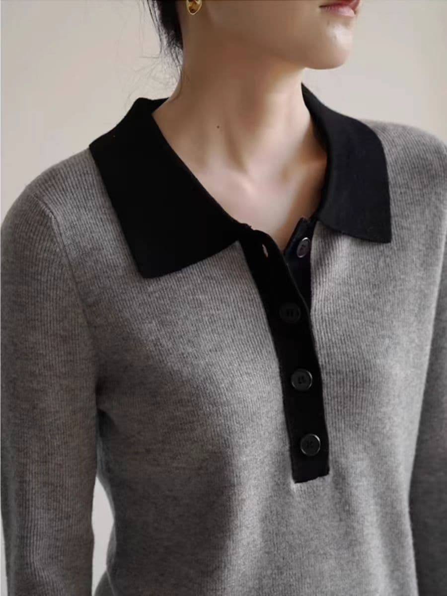 한 부서 polo 폴로 칼라 스웨터 기본 셔츠 여성 가을 고급 센스 몸매 가꾸기 슬림해 보이는 니트 스웨터 배색 인사이드 잡아라. 의류 이미지 3