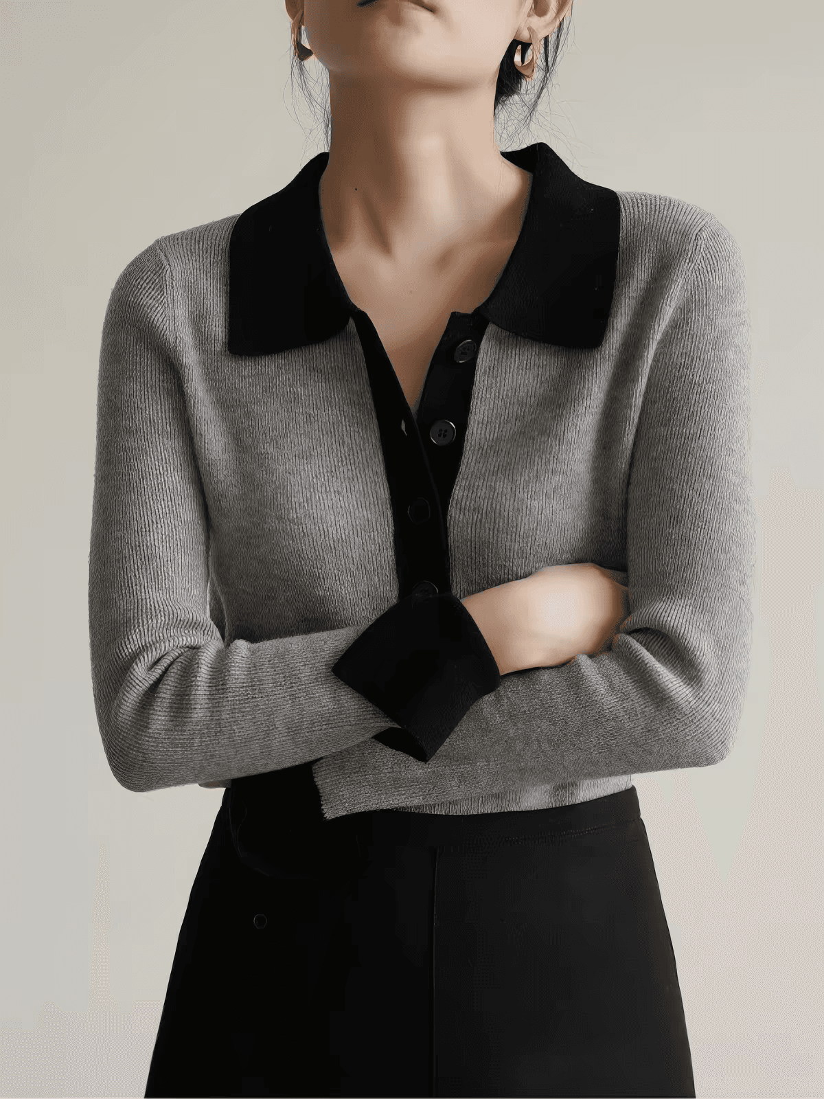 한 부서 polo 폴로 칼라 스웨터 기본 셔츠 여성 가을 고급 센스 몸매 가꾸기 슬림해 보이는 니트 스웨터 배색 인사이드 잡아라. 의류 상세 이미지 1