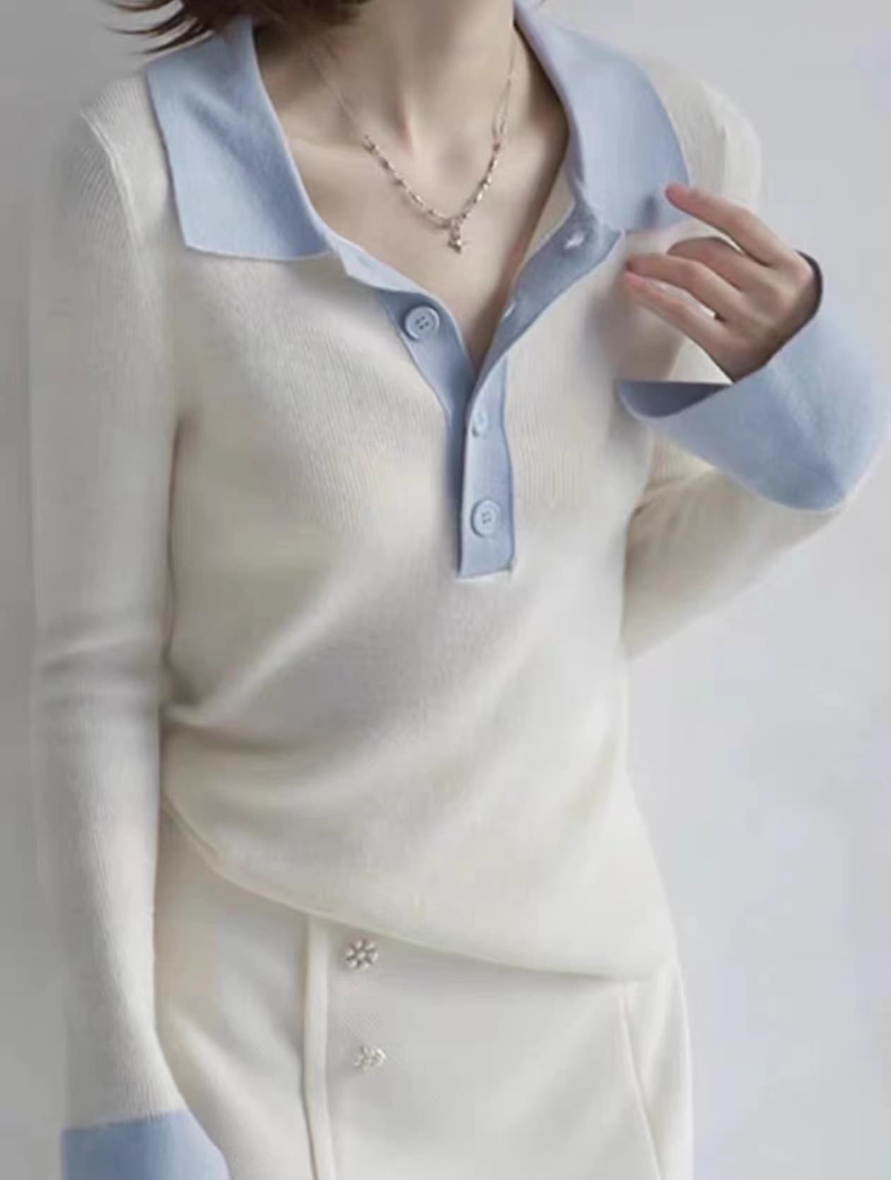 한 부서 polo 폴로 칼라 스웨터 기본 셔츠 여성 가을 고급 센스 몸매 가꾸기 슬림해 보이는 니트 스웨터 배색 인사이드 잡아라. 의류 상세 이미지 7