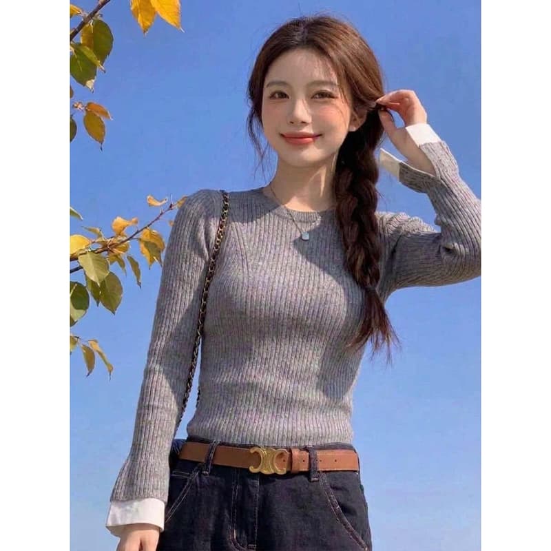 이른 가을 착용 가져 가라. 프랑스식 라운드 넥 배색 나팔 소매 인사이드 잡아라. 의류 슬림해 보이는 니트 기본 셔츠 디자인 센스 스웨터 여자 이미지 4