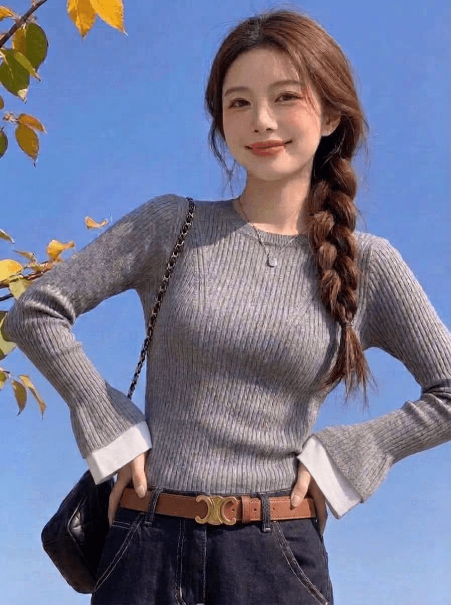 이른 가을 착용 가져 가라. 프랑스식 라운드 넥 배색 나팔 소매 인사이드 잡아라. 의류 슬림해 보이는 니트 기본 셔츠 디자인 센스 스웨터 여자 상세 이미지 1