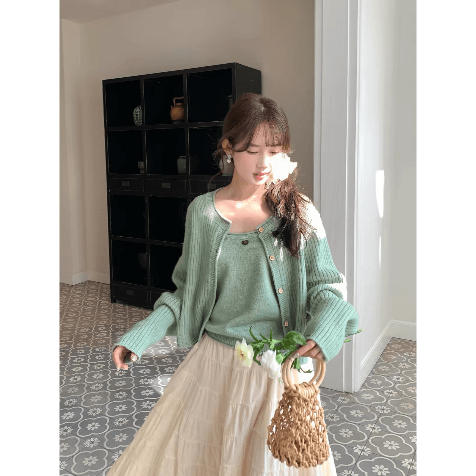 작은 마을 산산 책 제인 찾는 중 시 양모 니트 오픈 가디건 여성 봄 한 부서 느긋한 바람 조끼 스웨터 세트 상세 이미지 5
