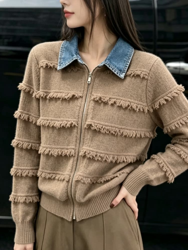 폴로 칼라 긴팔 데님 패치워크 더블 지퍼 니트 오픈 가디건 여성 봄 가을 유럽 상품 느긋한 바람 다용도 페이크 레이어드 스웨터 상세 이미지 8