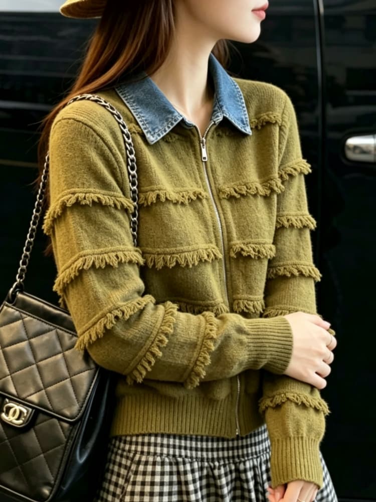 폴로 칼라 긴팔 데님 패치워크 더블 지퍼 니트 오픈 가디건 여성 봄 가을 유럽 상품 느긋한 바람 다용도 페이크 레이어드 스웨터 상세 이미지 14