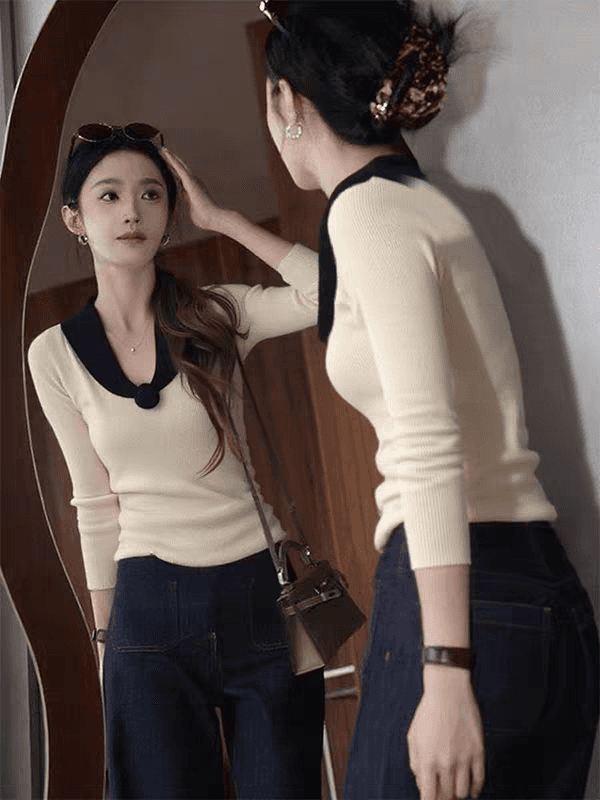 한 부서 패치워크 배색 동백 나무 V넥 긴팔 니트 스웨터 여성 가을 겨울 디자인 센스 몸매 가꾸기 슬림해 보이는 만나는 맨위 상세 이미지 1