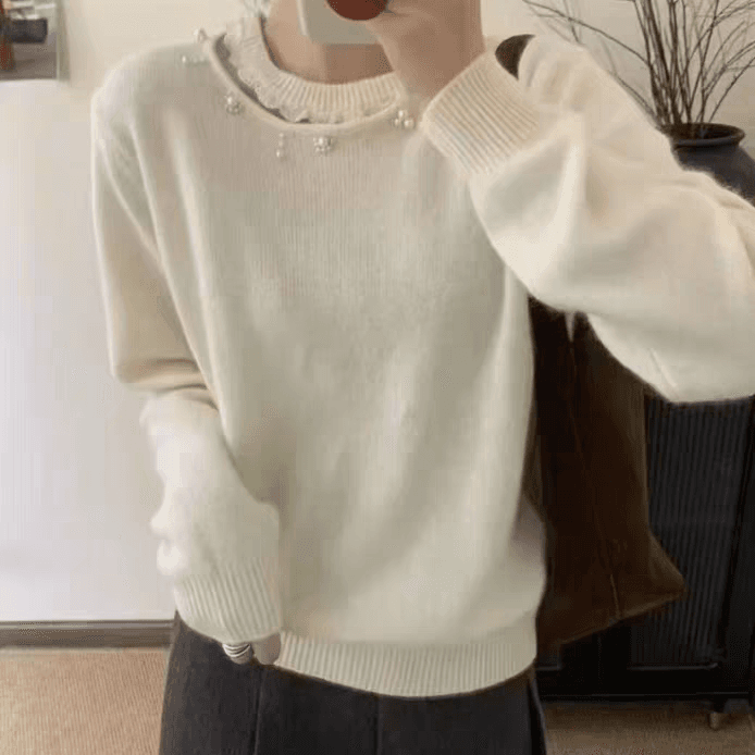 한 부서 고급 회색 품격 홀로우 아웃 진주 니트 스웨터 여성 가을 느긋한 바람 디자인 센스 캐주얼 스웨터 슬림해 보이는 맨위 상세 이미지 7