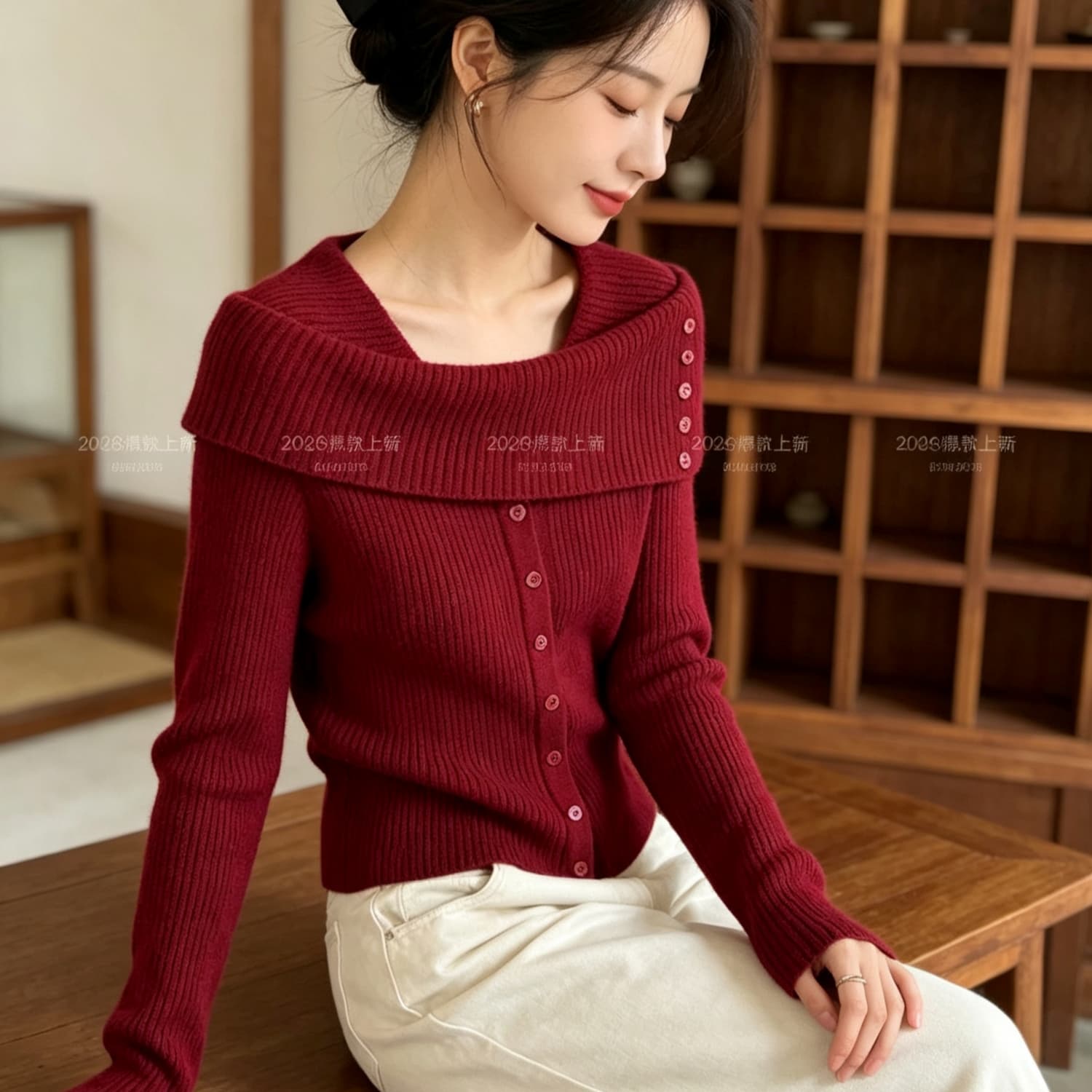 한 부서 디자인 센스 비스듬한 폴로 칼라 주황색 스웨터 여자 26 년 겨울 새로운 루즈핏 만나는 니트 맨위 상세 이미지 2