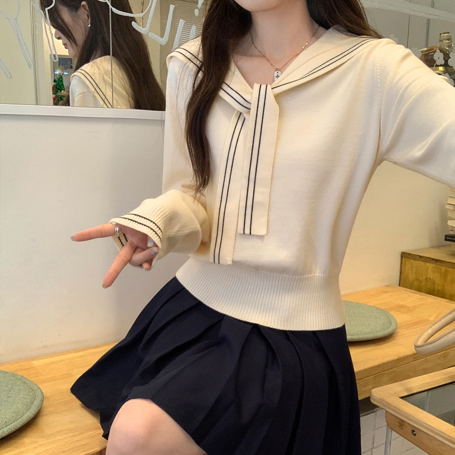 학원 스타일 해군 칼라 스트라이프 배색 긴팔 스웨터 여자 가을 겨울 숄 몸매 가꾸기 쇼트 스타일 인사이드 가져 가라. 니트 스웨터 맨위 이미지 5